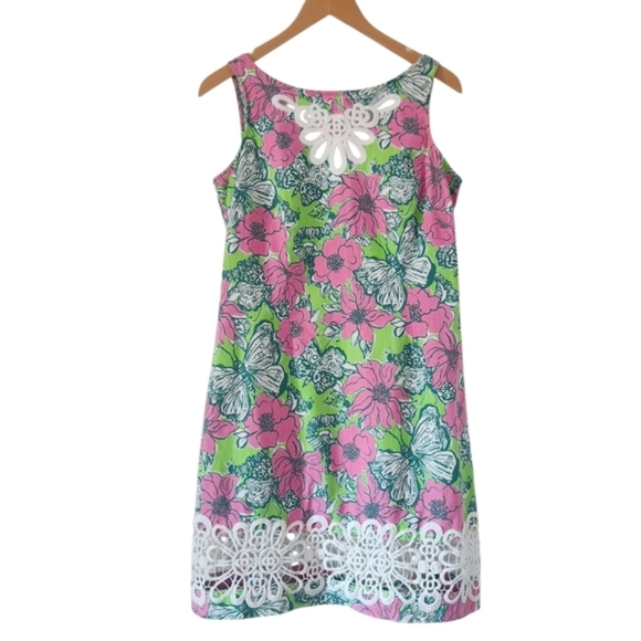 Lilly Pulitzer Dresses & Skirts - Lilly Pulitzer Retro Butterfly Shift Dress Pink + Green Lace Trim Sleeveless 8